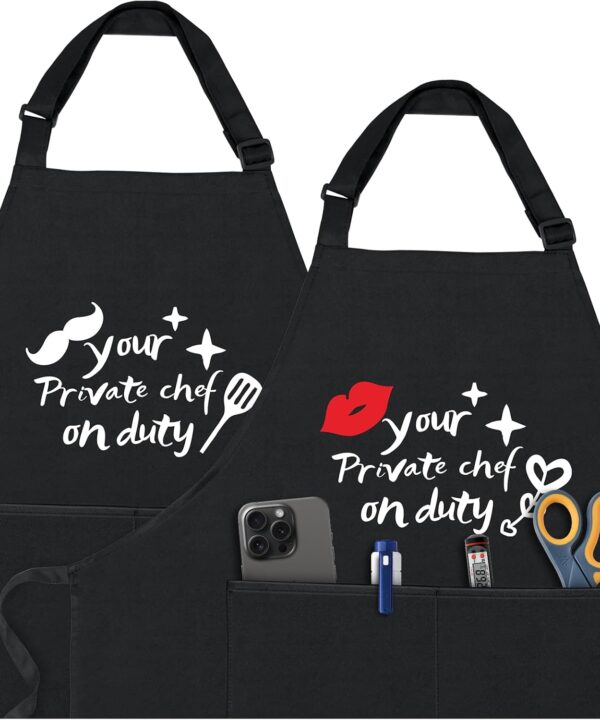 Couples Aprons, Unique Gift for Couples - Waterproof Kitchen Apron for Women Men with 2 Pockets, Adjustable Neck Strap and Longer Waist Ties to Fit All (Black)