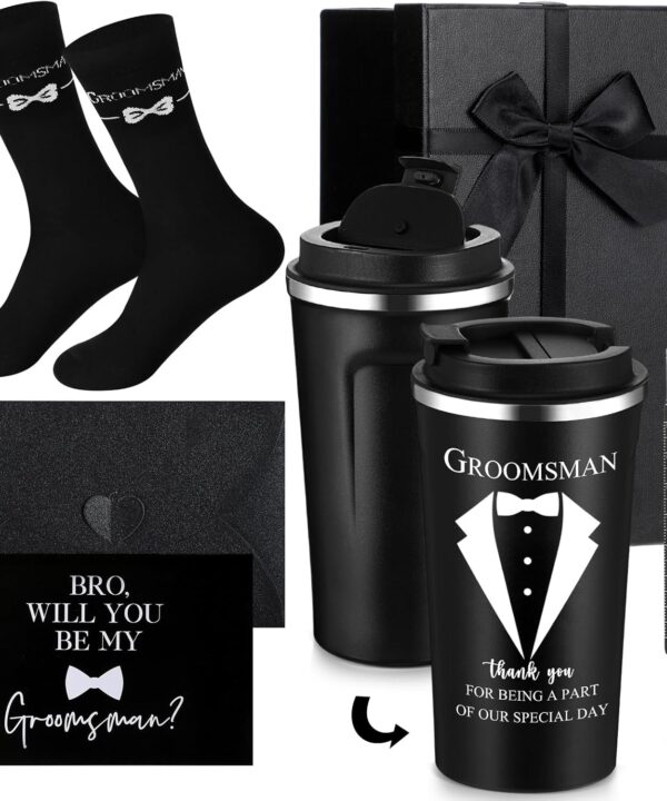 Nuanchu 6 Pcs Groomsmen Officiant Gifts Wedding Proposal Gift for Best Man Groomsman 17 Oz Coffee Cup Tumbler Socks Multi Tool Ballpoint Pen with Greeting Card Envelope(Black)