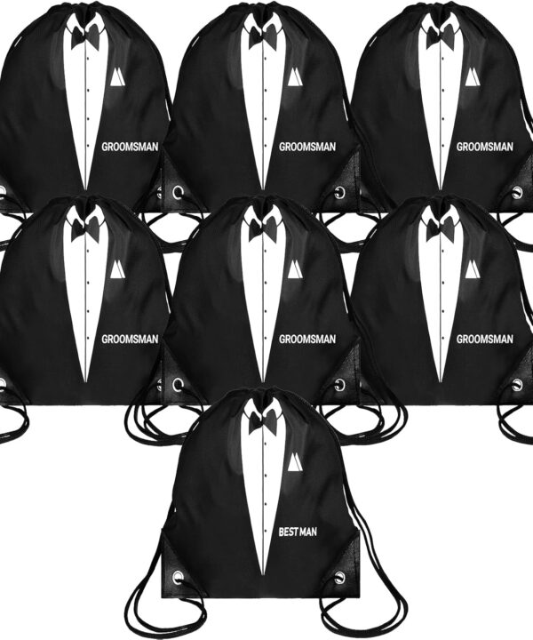 Shappy 7 Pack 9 x 9.9 Inches Groomsmen Gifts Bags for Wedding Party Favor Bags with Drawstring Black Bachelor Present Set for Groomsman Proposal Father's Birthday Anniversary Boss Party Supplies