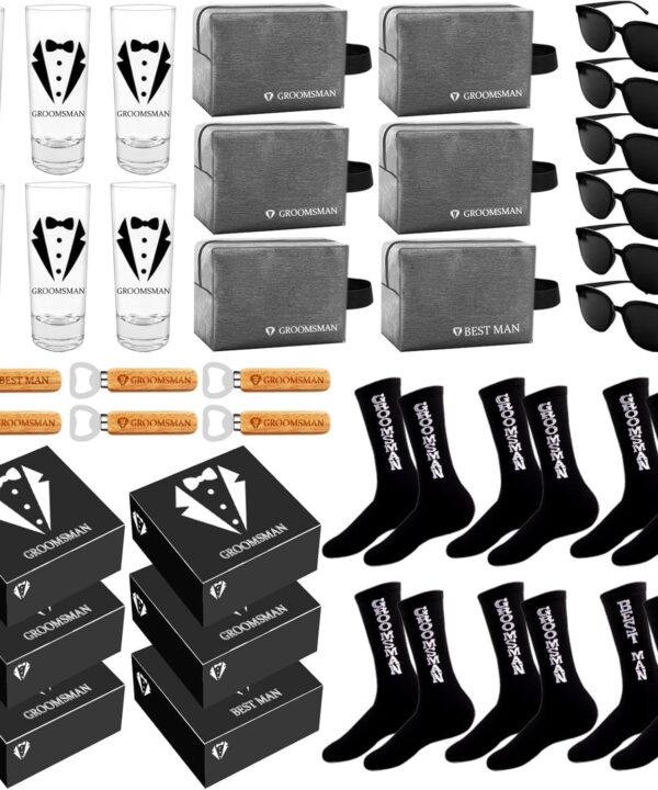 36Pcs Groomsmens Gifts Set of 6,Best Man Groomsmen Proposal Box Gifts,2oz Shot Glasses,Oxford Bags,Black Sunglasses,Bottle Openers,Socks,Proposal Boxes,Wedding Bachelor Party for Groomsmens