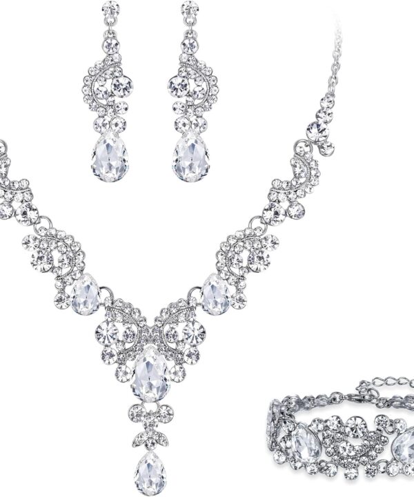 EVER FAITH Rhinestone Crystal Bridal Art Deco Floral Wave Teardrop Necklace Earrings Bracelet Jewelry Set