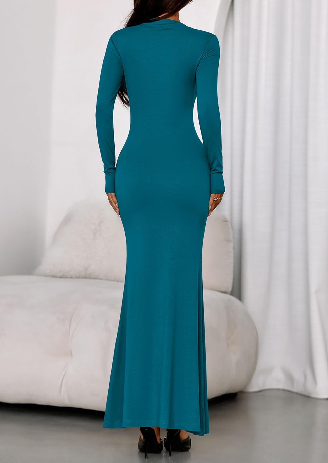 PRETTYGARDEN Fall Dresses for Women 2026 Long Sleeve Bodycon Mock Neck Ruched Maxi Formal Cocktail Wedding Guest Dress