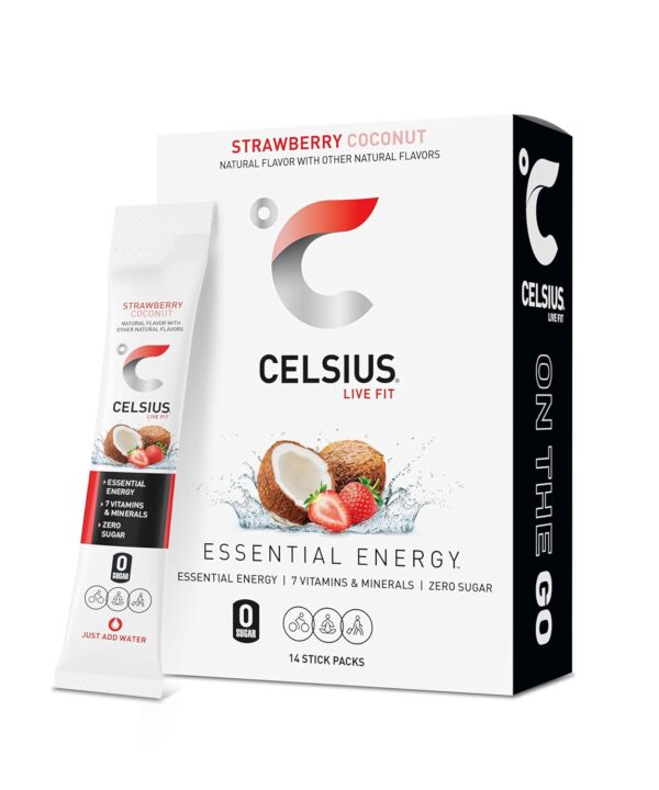 CELSIUS On The Go Strawberry Coconut, Sugar Free Energy Drink Mix (14 Sticks per Pack)