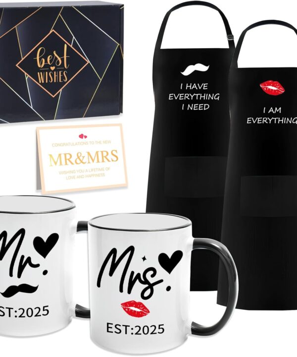 EST 2025 Mr and Mrs Gifts Valentine Wedding Gifts for Couples 2025 Ceramic Cups and Aprons Engagement Party Gift for Couples