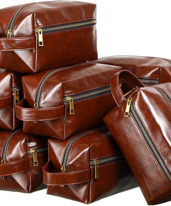 Hillban 10 Pcs Groomsmen Gift Leather Toiletry Bag for Men Travel Shaving Kit Bathroom Bag Make up Cosmetic Proposal Supplies for Wedding Favor Grooming Anniversary Boyfriend Father(Dark Brown)