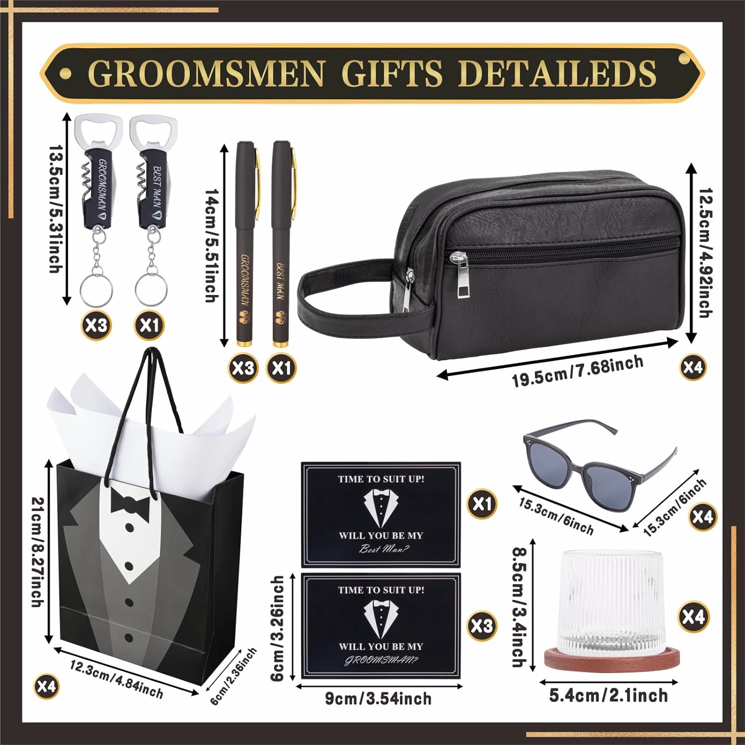 4 Sets Groomsmen Proposal Gifts, Proposal Bags with Spinning Whiskey Glasses PU Leather Toiletry Bag Best Man Bottle Opener Sunglasses Pen Card for Wedding Groomsman Best Man Gift
