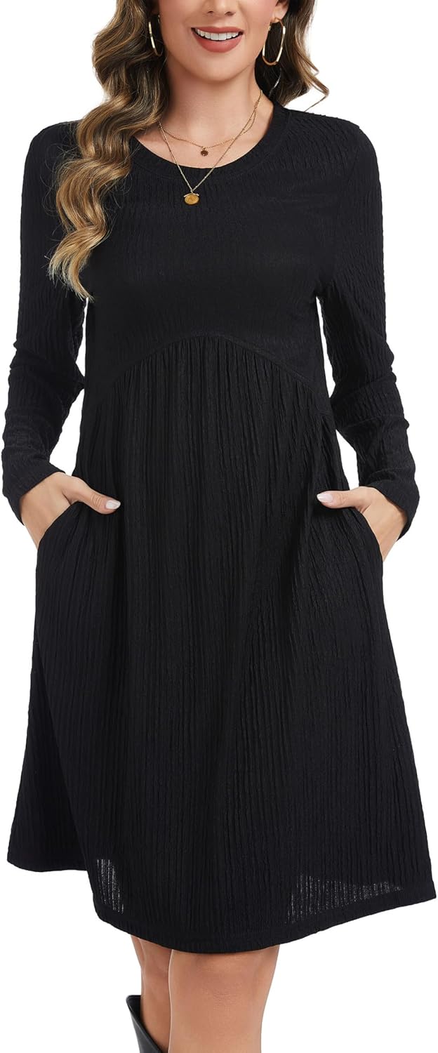 Kormei Long Sleeve Dress for Women Crew Neck Empire Waist Tunic Dress with Pockets