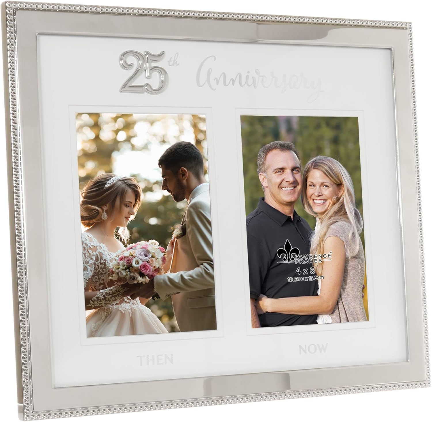 4×6 Double Silver Beaded Metal 25th Anniversary Picture Frame, Then and Now