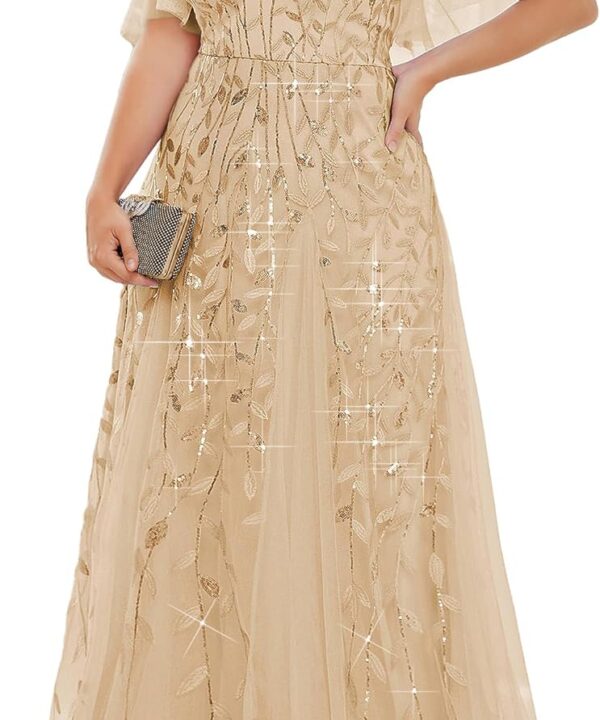Ever-Pretty Women's Plus Size Sequin Embroidered Formal Evening Gown V-Neck Sheer Short Sleeve A-Line Mother of Biride Dress
