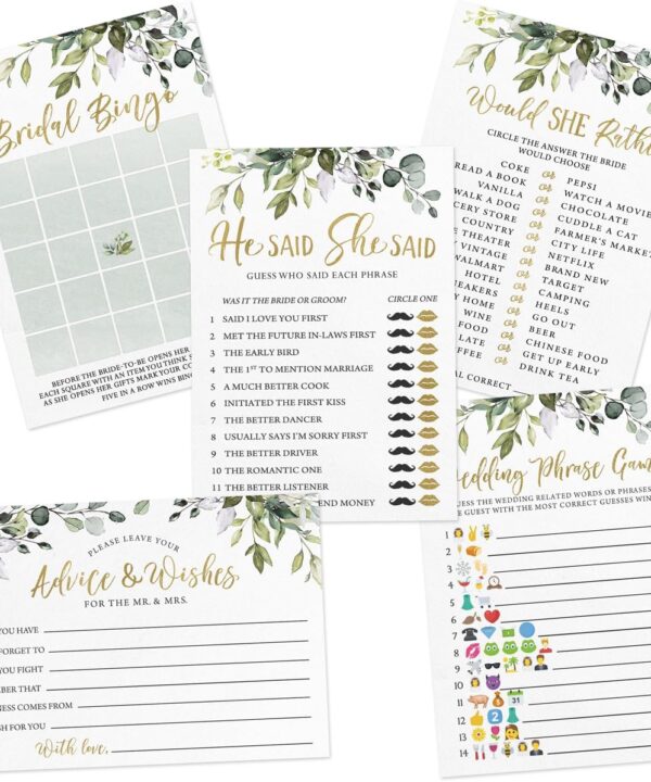 Printed Party Bridal Shower Game Set  5 Fun Games and Activities for 50 Guests, Includes Bingo, Trivia, and Advice Cards, Botanical Eucalyptus Wedding Shower Games