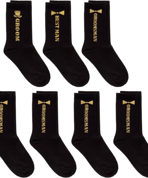 Brosash Groom, Best Man, Groomsmen Sock Set  7 Pack with Groom, Best Man, and 5 Groomsman Wedding Party Socks | Groomsmen Proposal Gift Ideas Grooms Gifts Favors Bachelor Bridal Shower Matching