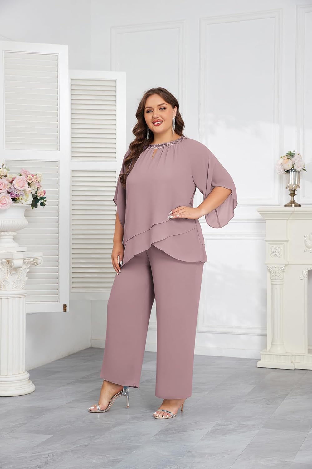 Hanna Nikole Mother of Bride Pant Suits Plus Size Half Sleeve 2 Piece Chiffon Pantsuit Formal Wedding Guest Outfit
