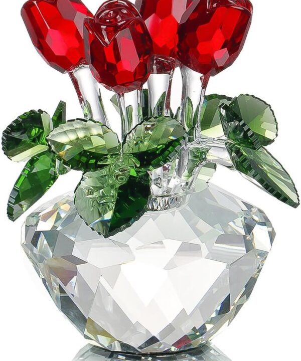 H&D HYALINE & DORA Red Rose Figurine Ornament Spring Bouquet Crystal Glass Flowers Gift-Boxed