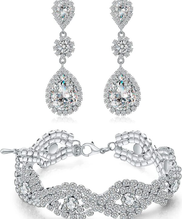 Silver/Gold Plated Bridal Wedding Rhinestone Earrings Bracelet Set for Wedding Brides Bridesmaids Crystal Stone Dangle Drop Earrings Link Tennis Bracelet Set for Women Wedding
