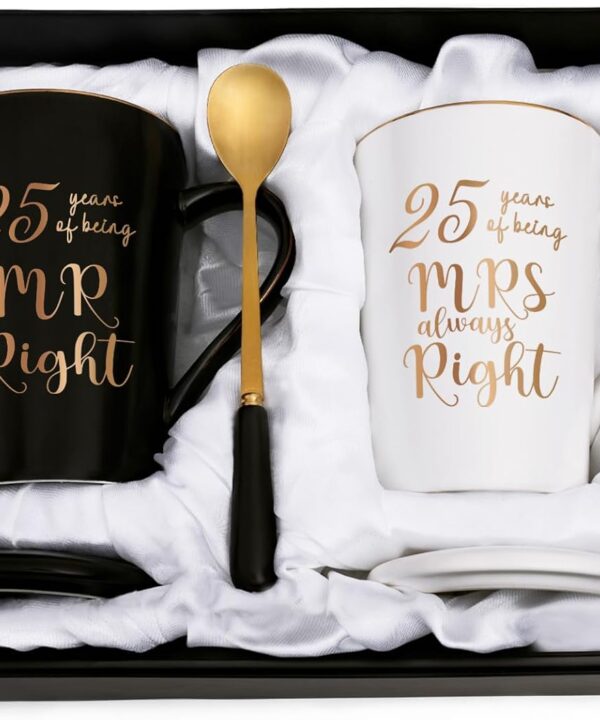 YHRJWN 25th Anniversary Presents, 25th Wedding Anniversary Presents for Couple Parents, 25th Mr Right Mrs Always Right Coffee Mugs, His and Hers Gifts, 14 Oz with Lids, Spoons and Gift Box