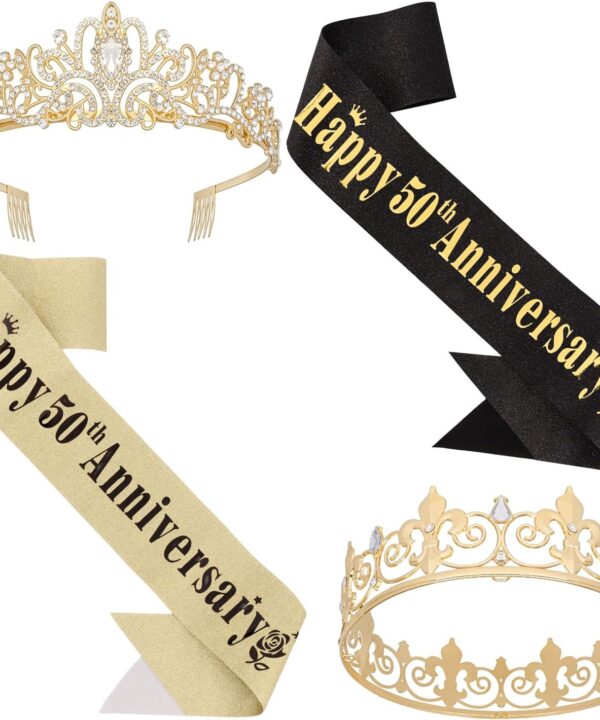 50th Anniversary Decorations Gold Crown and Glitter Sash Set 50th Wedding Anniversary Decorations Gifts for Couple Happy Anniversary Party Supplies for Couple
