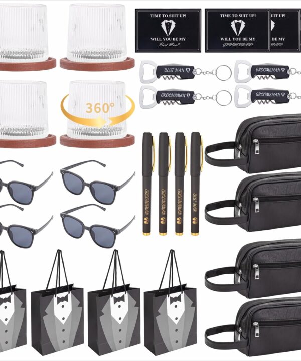 4 Sets Groomsmen Proposal Gifts, Proposal Bags with Spinning Whiskey Glasses PU Leather Toiletry Bag Best Man Bottle Opener Sunglasses Pen Card for Wedding Groomsman Best Man Gift