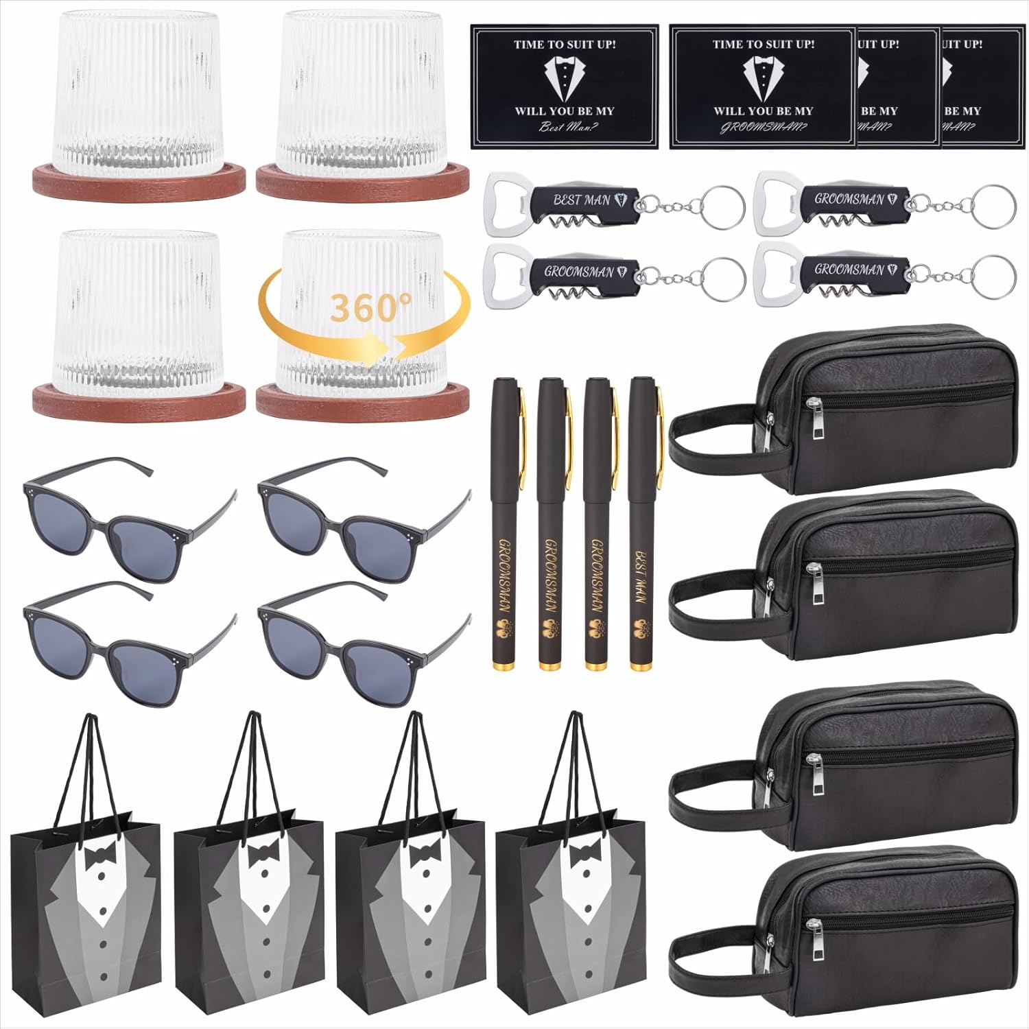 4 Sets Groomsmen Proposal Gifts, Proposal Bags with Spinning Whiskey Glasses PU Leather Toiletry Bag Best Man Bottle Opener Sunglasses Pen Card for Wedding Groomsman Best Man Gift