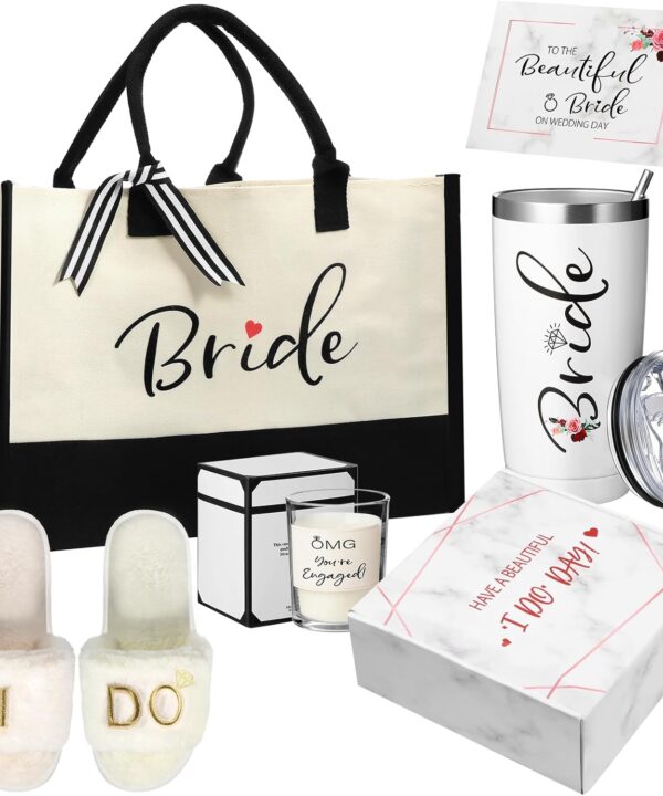 Sabary 6 Pcs Bride Gifts Set, Bridal Shower Gift for Bride Engagement Bachelorette Wedding Tumbler Canvas Tote Bag Slippers Scented Candle Box and Card for Wedding Party(Pink)