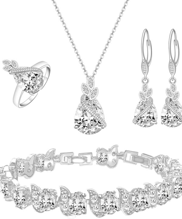 GZWHD Jewelry Set for Women CZ Earrings Necklace Ring Bracelet Set Prom Party Wedding Jewelry Gift for Mother Friend Wife