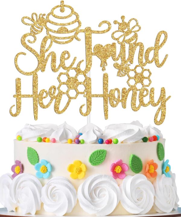 She Found Her Honey Cake Topper, Bride Shower Cake Decor, Bride to Bee, Bumble Bee Wedding Engagement Bachelorette Party Decorations Supplies Gold Glitter