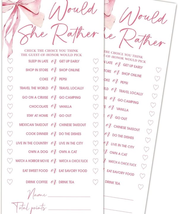 Pink Bow Wedding Shower Games, Would She Rather Wedding Games for 25 Guests, Engagement Bridal Shower Party Cards, Engagement & Bridal Party Supplies-4x9 Inch-A02