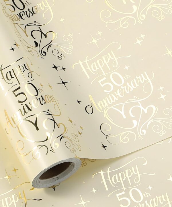 LeZakaa Happy 50th Anniversary Wrapping Paper Roll, Gold Foil 50th Anniversary & Hearts, Golden Wedding Anniversary Party Favors for Couple, Parents, Mini Roll, 17 inches x 16.4 Feet