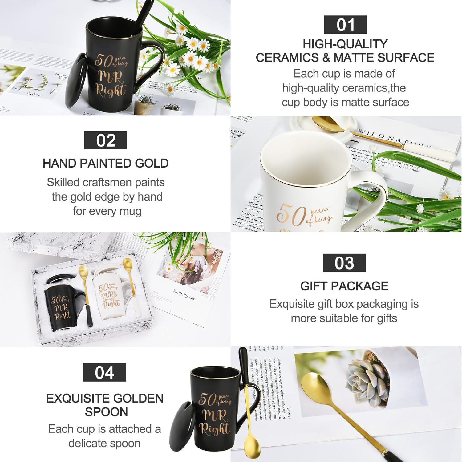 YHRJWN – 50th Wedding Gifts, 50 Years of Being Mr & Mrs Always Right Mug Set, Wedding Gifts Ideas for Parents Couple, 14 Oz with Lids and Gift Box