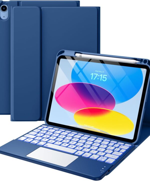 Harvopu Compatible for iPad 11th 10th Generation Case with Keyboard, Folio Cover with Pencil Holder, Multi-Touch Trackpad, 7 Color Backlit, Detachable Keyboard for iPad (A16) 11th/10th Gen (Navy Blue)