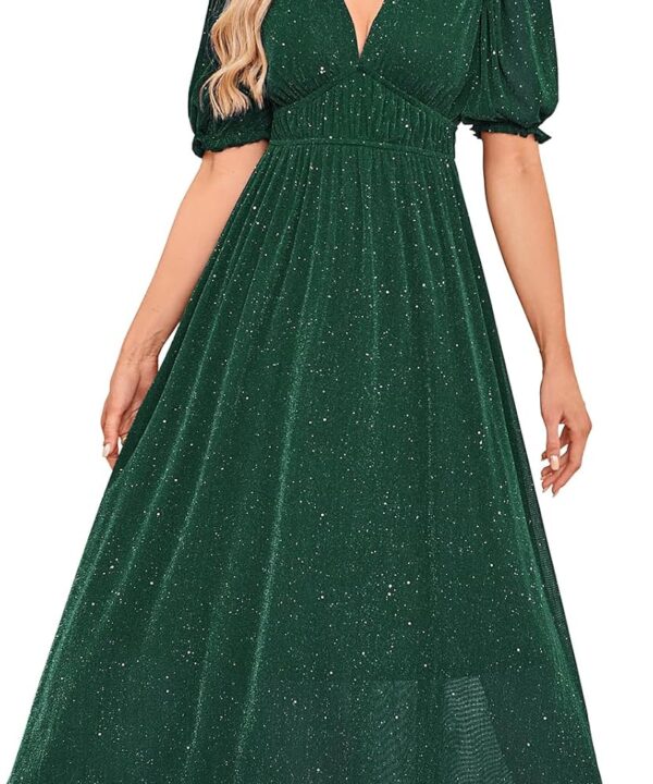 Womens Sparkly V Neck Midi Dress Shprt Sleeve Sequin Glittery Party Dress with Elastic Waist Cocktail Evening Gown