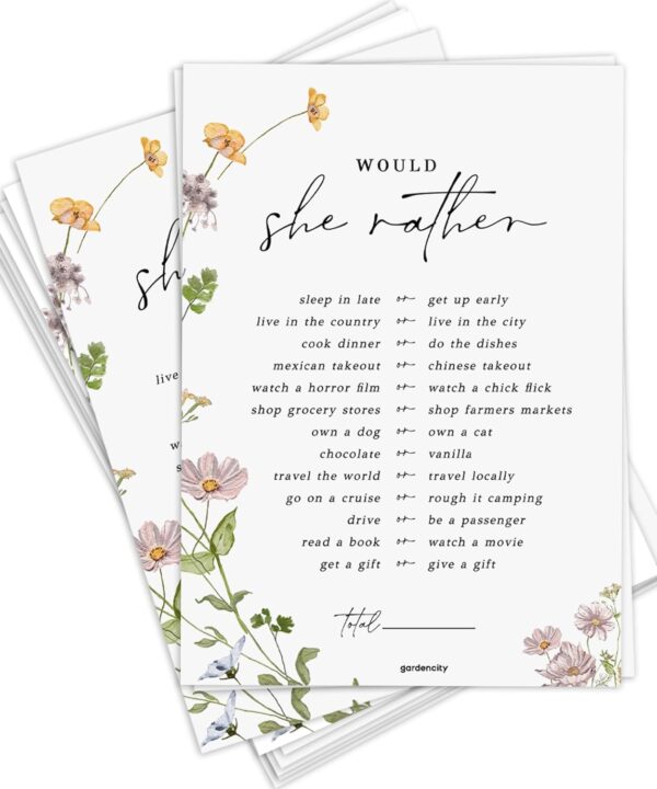 GardenCity Would She Rather, Bridal Shower Games, Baby Shower Games, 50 Cards, Wildflower