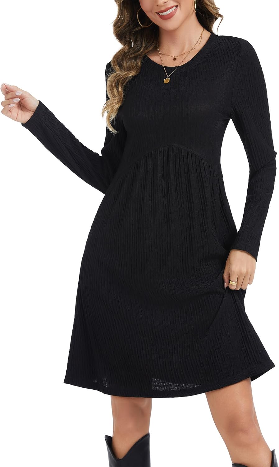 Kormei Long Sleeve Dress for Women Crew Neck Empire Waist Tunic Dress with Pockets
