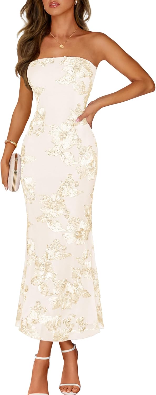 MEROKEETY Women's Floral Strapless Maxi Dress 2026 Summer Mesh Tube Bodycon Formal Wedding Guest Cocktail Party Long Dresses