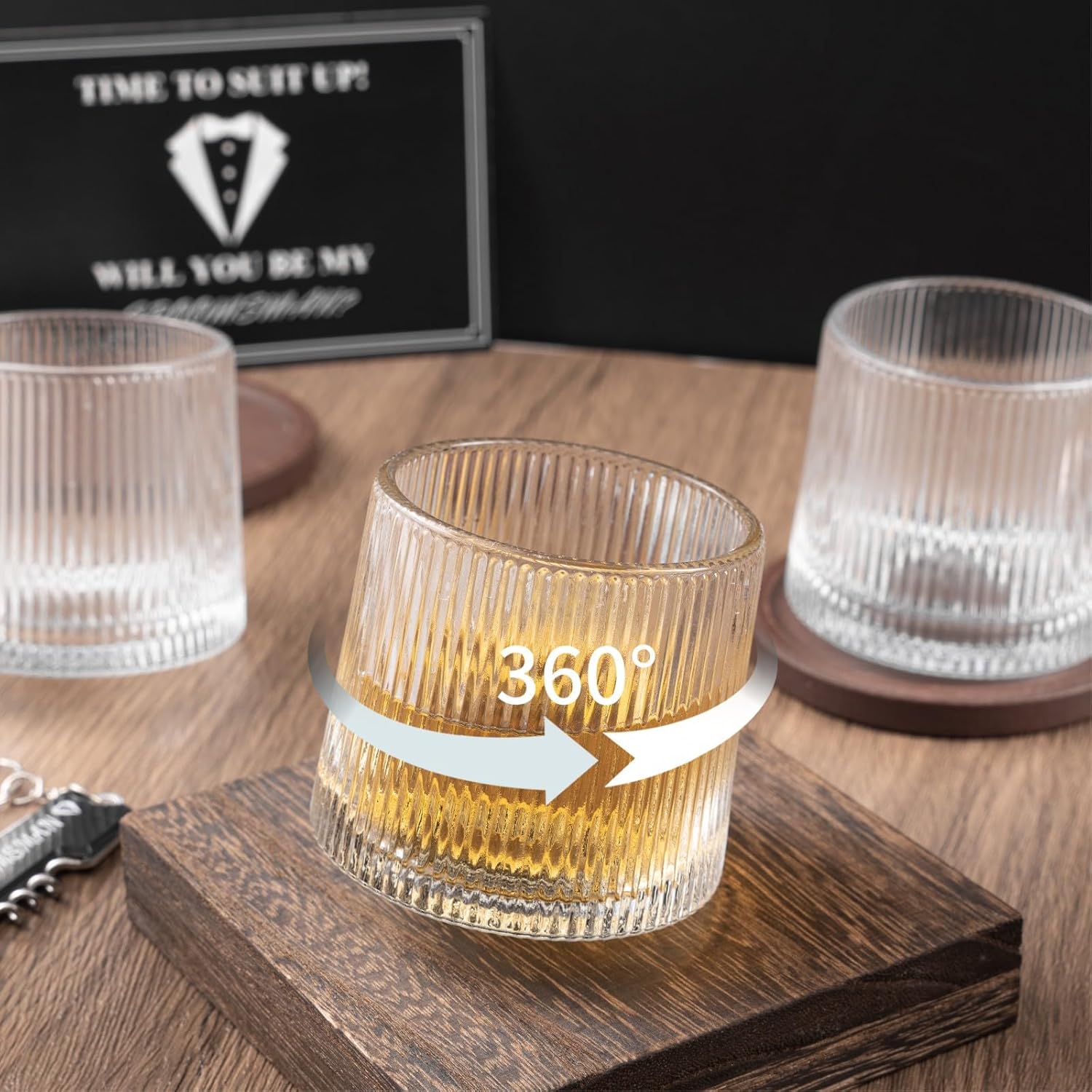 4 Sets Groomsmen Proposal Gifts, Proposal Bags with Spinning Whiskey Glasses PU Leather Toiletry Bag Best Man Bottle Opener Sunglasses Pen Card for Wedding Groomsman Best Man Gift