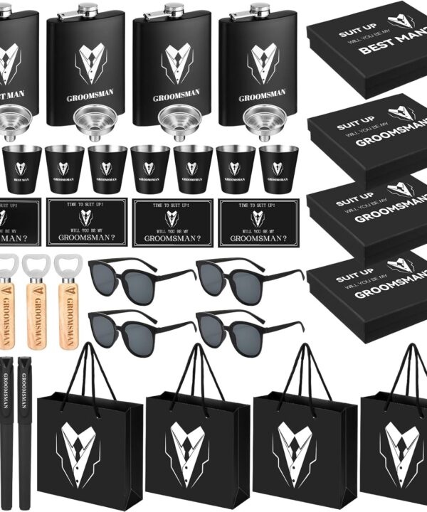 Layhit 40 Pcs Groomsmen Gifts Set of 4 Stainless Steel Shot Glass, Flask, Funnel, Bottle Opener, Pen, Sunglasses, Card, Box, Bag Groomsmen Proposal Box for Wedding Party Present