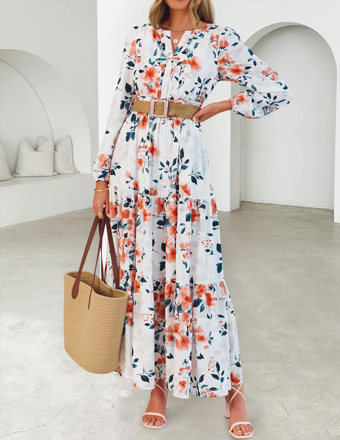 ZESICA Spring Dresses for Women 2026 Long Sleeve Boho Floral V Neck Empire Waist A Line Casual Flowy Wedding Guest Maxi Dress