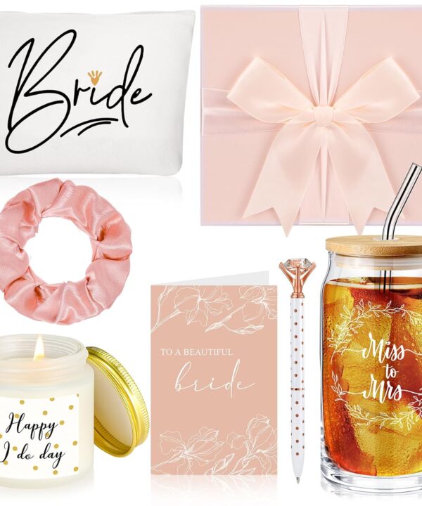 7 Pcs Bride Gifts Bridal Shower Gift Including Mrs Can Shaped Drinking Glass with Straw Bride Makeup Bag Crystal Pen Scented Candle Scrunchies Raffia Wedding Card Gift Box for Bridal Shower (Pink)