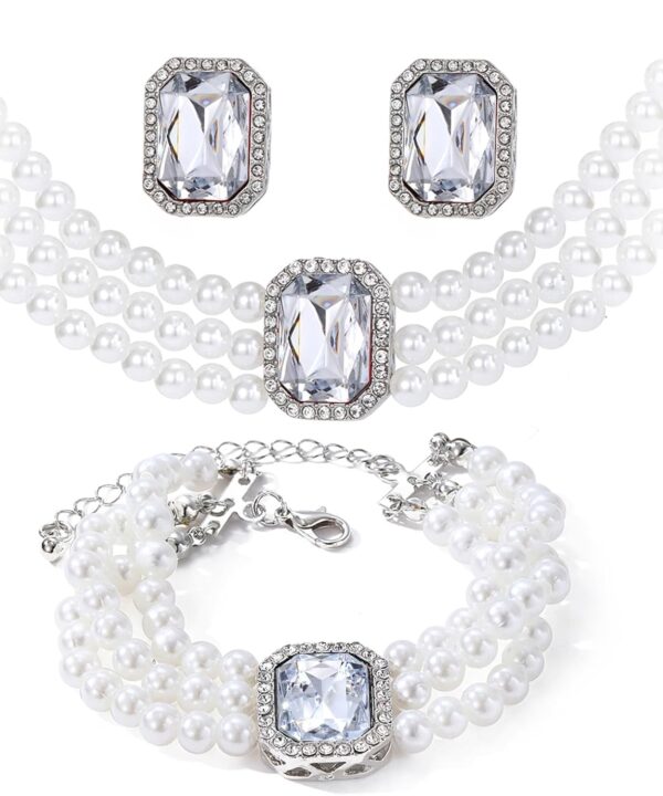 IFKM Silver Jewelry Sets For Women Rhinestone Pearl Crystal CZ Choker Necklace Earrings Bracelets Set For Bridal Bridesmaid Accessories Wedding Prom Anniversary Birthday Gifts