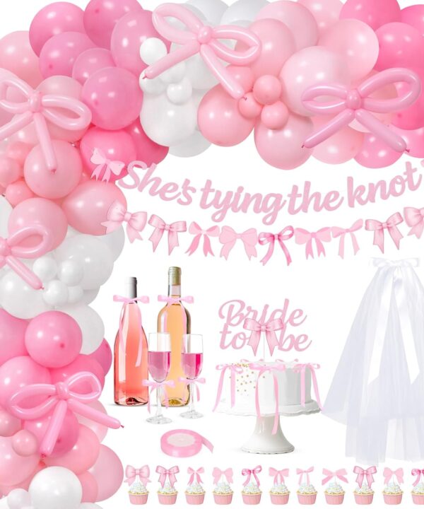 She's Tying The Knot Bridal Shower Party Decorations, Pink Bow Bachelorette Party Supplies, Bow Balloon Arch, She's Tying The Knot Banner, Bride To Be Cake Topper, Bow Veil & Satin Ribbon