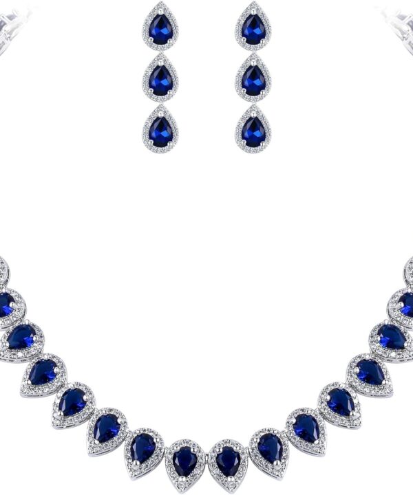 EleQueen Women's Silver-Tone Full Prong Cubic Zirconia Teardrop Bridal Necklace Earrings Set