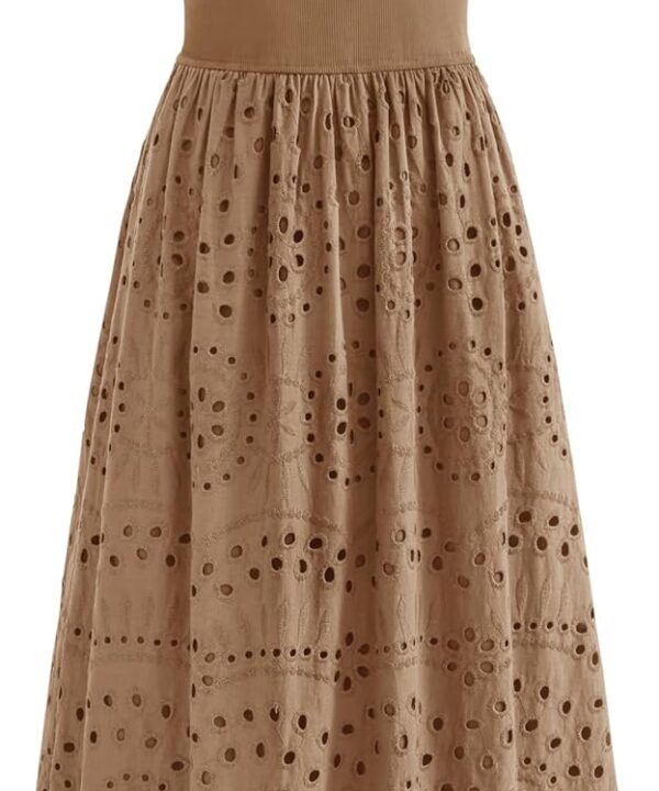 dowerme Women Summer Dresses 2026 Casual Sleeveless Crewneck A-Line Boho Lace Eyelet Cotton Tank Maxi Dress with Pockets