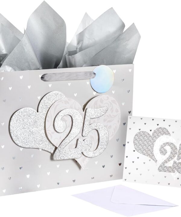 LeZakaa 13" Wedding Gift Bag, Silver Gift Bag with Tissue Paper, Gift Tag and Card - Number 25" with Heart 3D Paster for Silver Wedding Anniversary Celebrations