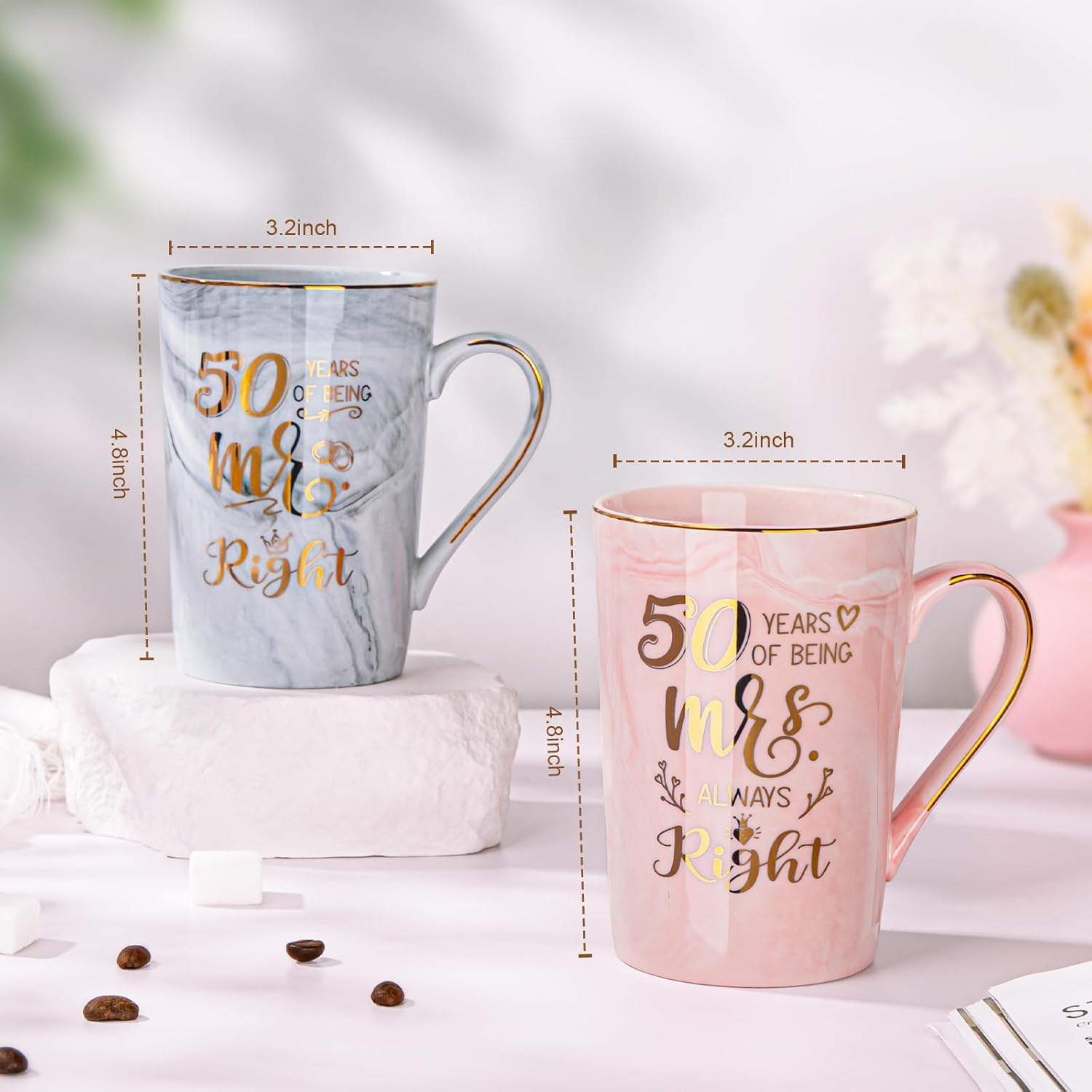 Biching 50th Wedding Anniversary for Couples, Golden 50th Anniversary Mugs Gifts for Parents Grandparents, 14Oz 50th Wedding Couple Mugs with Spoons, Lids, Greeting Card, Gift Box