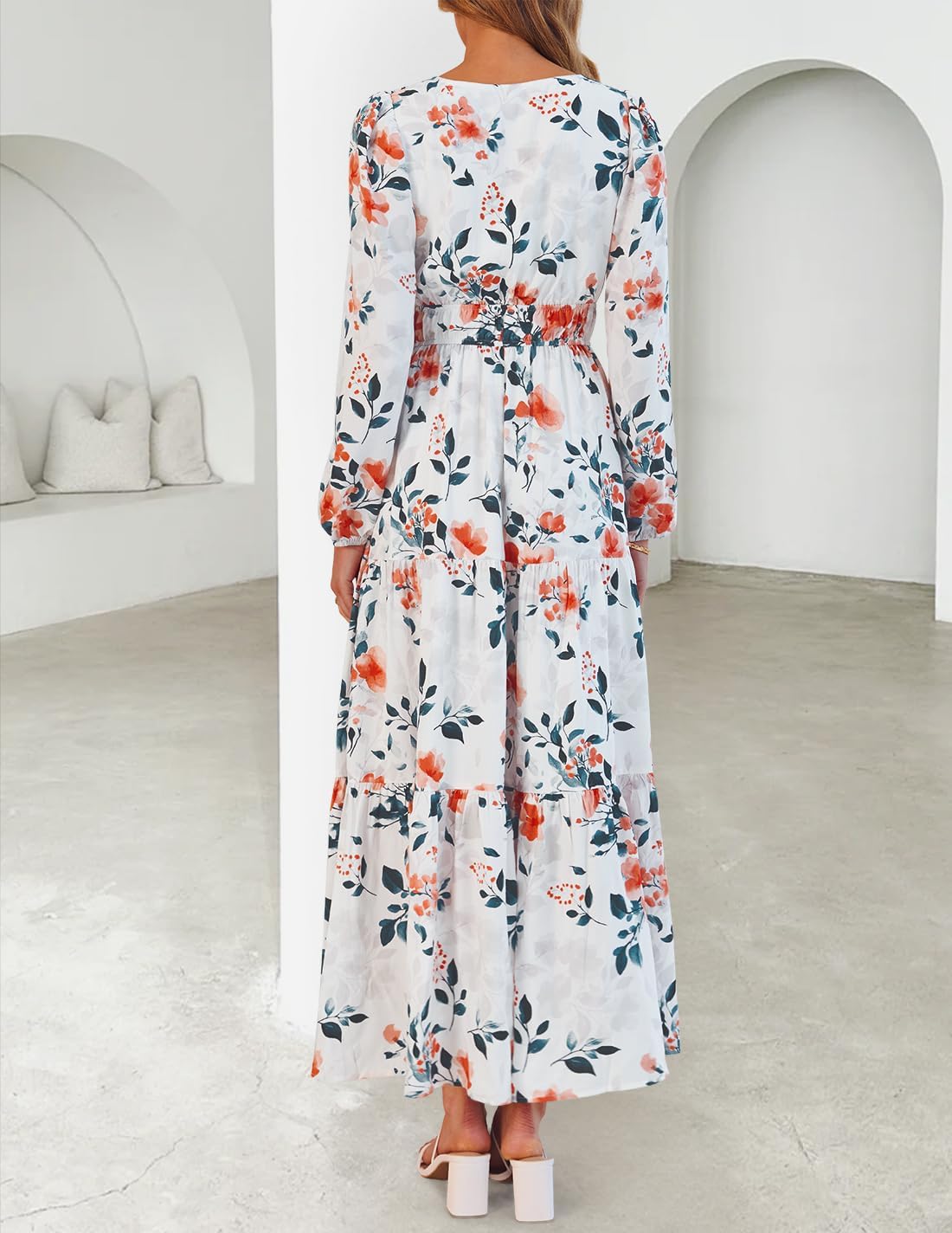 ZESICA Spring Dresses for Women 2026 Long Sleeve Boho Floral V Neck Empire Waist A Line Casual Flowy Wedding Guest Maxi Dress