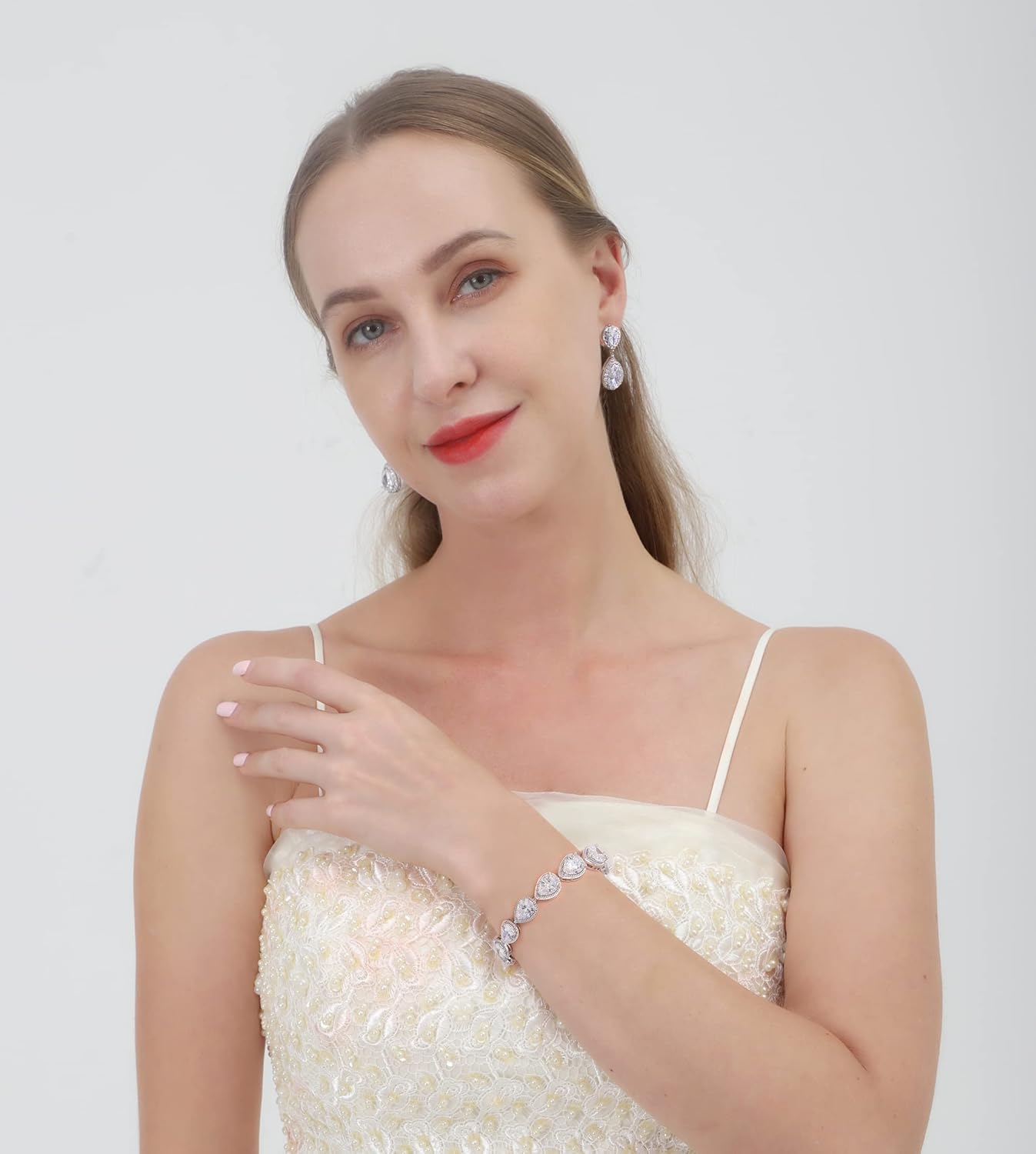 UDYLGOON Teardrop Earrings & Bracelet Set, Gold Plated Wedding Jewelry Set for Bride Bridesmaid, Womens Party Prom Gift