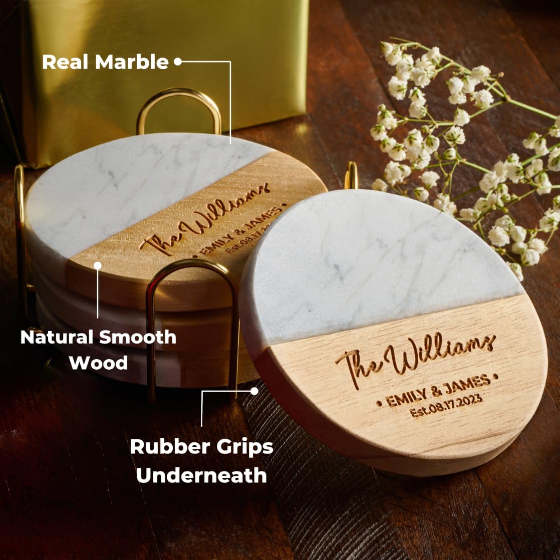 Personalized Coasters, Wedding Gift for Couple, Custom, Premium Craftsmanship Durability Tested, Custom Bar Coasters for Drinks with Monogram Engraved, Great Newlywed