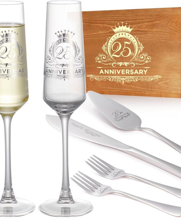 25th Anniversary Champagen Flutes Wedding Gifts for Couple, 25th Birthday Anniversary Decorations, Silver Cake Cutting Set for Wedding 25th Anniversary Presents