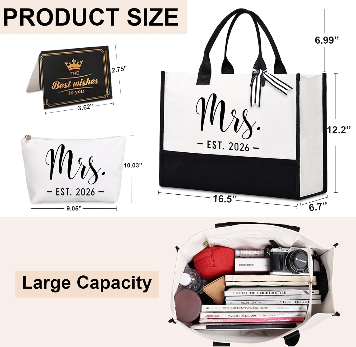 Lamyba Bride Tote Bag,Bridal Shower/Bachelorette Party/Wedding Day Gifts for Bride To Be,Mrs Bag EST 2026,Interior Pocket,Black and White