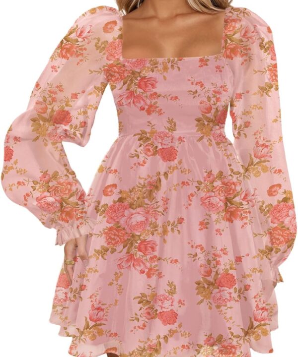 Womens Floral Mini Dress Long Sleeve Square Neck Babydoll Casual A-Line Flowy Short Dress