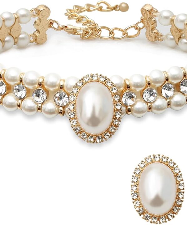 Costume Layered Twisted Gold Pearl Necklace Choker Chunky Glass Statement Pearl Necklace and Earring set, good gift for women Faux pearl necklace set